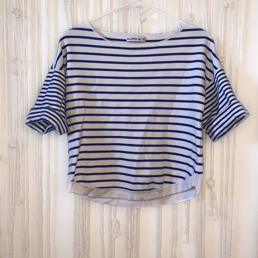 ZARA knit striped crop cuffed sleeve sweater. S